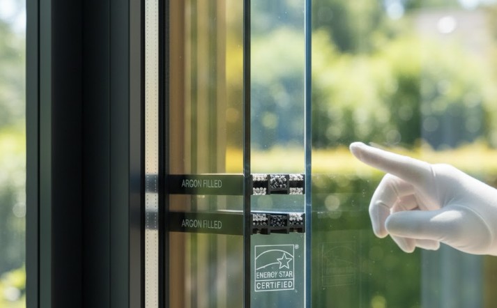 zoom sur une vitrage de qualité avec une main recouvert d'un gant blan pointant sur le vitrage