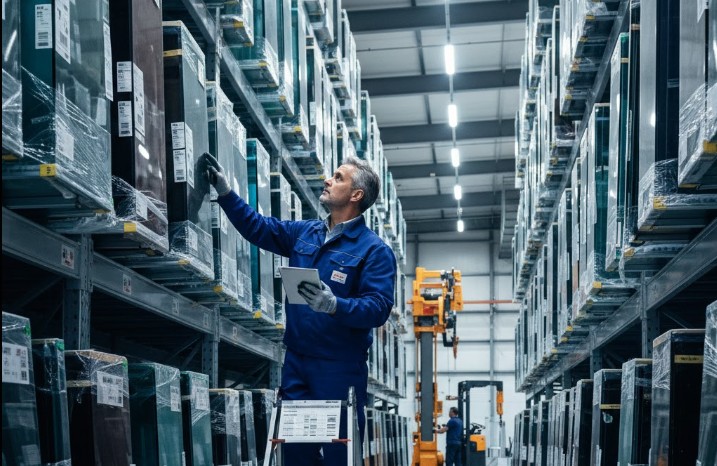 vitrier en train de chercher un vitrage spécial dans un entrepôt