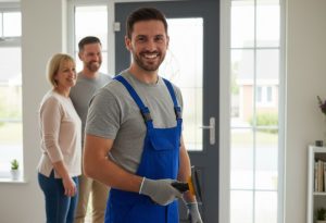 jeune vitrier brun et souriant chez des particuliers