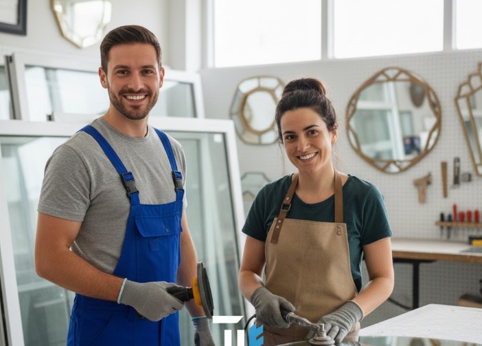 miroitier et vitrier souriants l'un à côté de l'autre dans un atelier