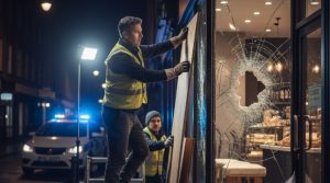 vitrier en train de réparer une vitre en urgence en pleine nuit