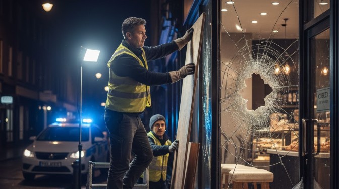 vitrier en train de réparer une vitre en urgence en pleine nuit