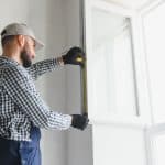 Worker installing plastic window indoors