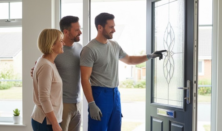 vitrier sympathique qui aide des particuliers à changer leur vitre de porte d'entrée