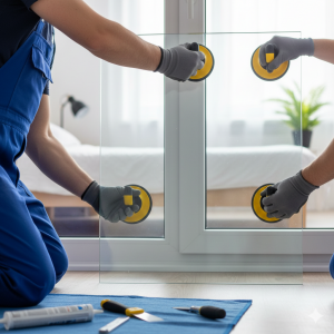 Deux vitriers en train de remplacer un double vitrage dans une chambre à coucher