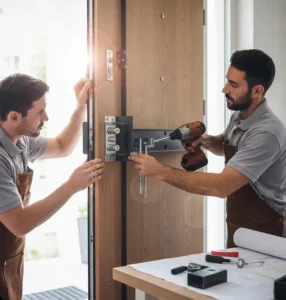 Deux serruriers en train de blinder une porte d'entrée