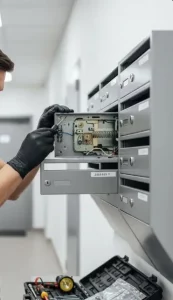 Serrurier réparant une boîte au lettre dans le hall d'un batiment d'appartements