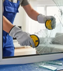 Zoom sur un vitrier changeant une vitre brisée