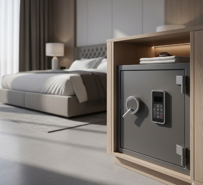 coffre fort dasn une chambre à côté d'un lit deux places