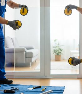 Deux vitriers en train d'installer un double vitrage