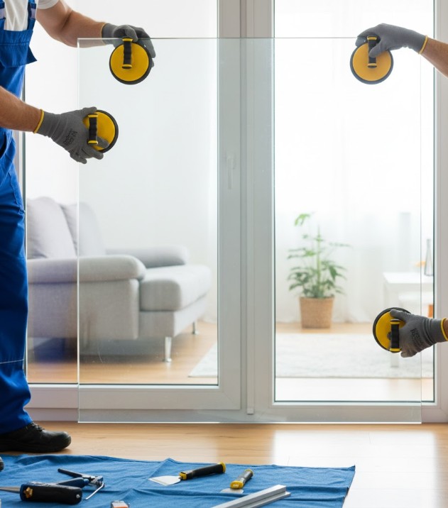 Deux vitriers en train d'installer un double vitrage