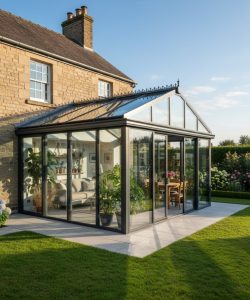 vue du jardin d'une véranda terminée avec gazon autour et ciel bleu