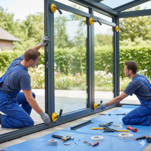 Deux vitriers en train d'installer une véranda chez des particuliers