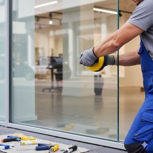 Vitrier en train d'installer une vitrine de magasin
