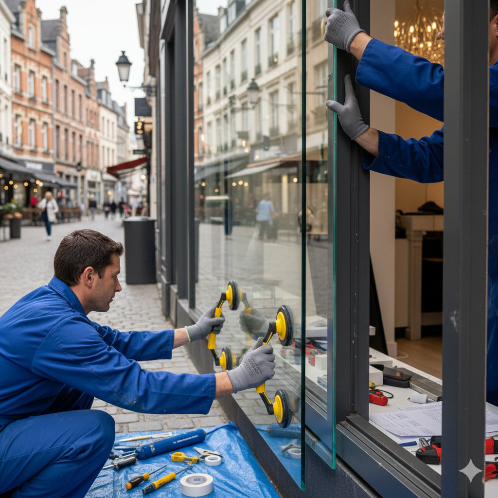 Deux vitriers en train d'ainstaller une vitrine de magasin au centre ville de Lille