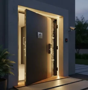 porte d'entrée blindée noire entre ouverte avec de la lumière derrière