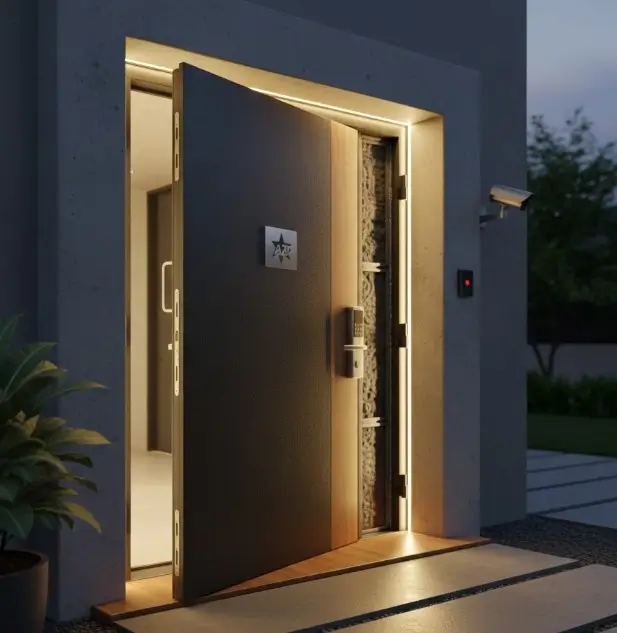 porte d'entrée blindée noire entre ouverte avec de la lumière derrière