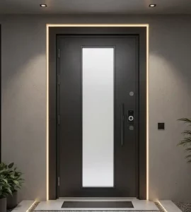 porte d'entrée blindée noire avec une fenêtre brise vue au centre