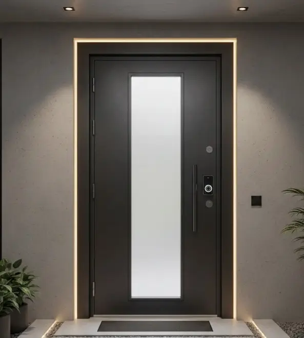 porte d'entrée blindée noire avec une fenêtre brise vue au centre