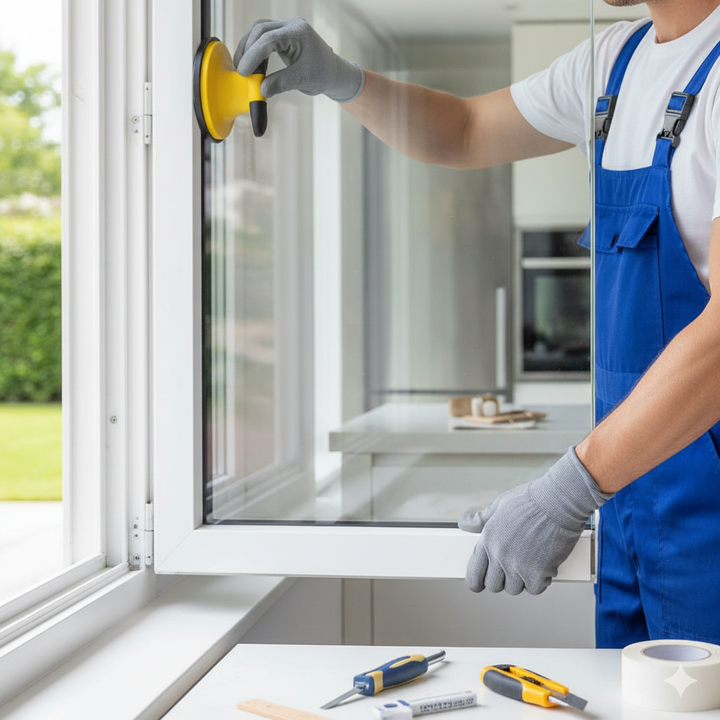 Vitrier en train de remplacer un double vitrage d'un cuisine d'un particulier