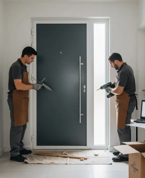 Deux serruriers en train de changer une porte d'entrée