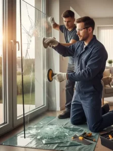 Deux vitries en train de changer une vitre cassée chez un client dans le salon