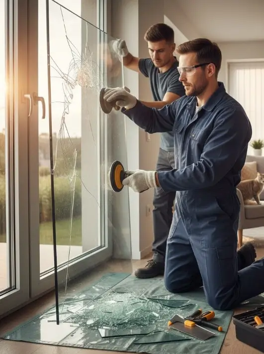 Deux vitries en train de changer une vitre cassée chez un client dans le salon