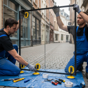 Deux vitriers en train de remplacer une vitrine de magasin au centre ville de Lille