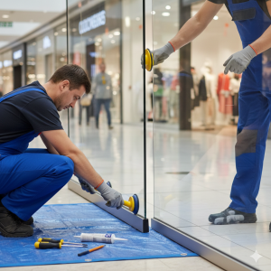 Deux vitriers en train de remplacer une vitrine de magasin au centre commercial