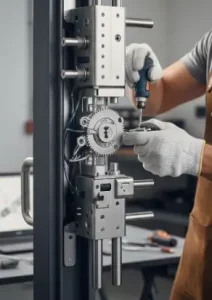 zoom sur une serrure multipoint moderne qu'un serrurier est en train de la monter sur une porte d'entrée