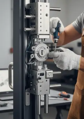 zoom sur une serrure multipoint moderne qu'un serrurier est en train de la monter sur une porte d'entrée