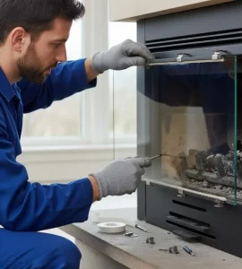 Vitrier brun en train de changer une vitre d'insert cheminée