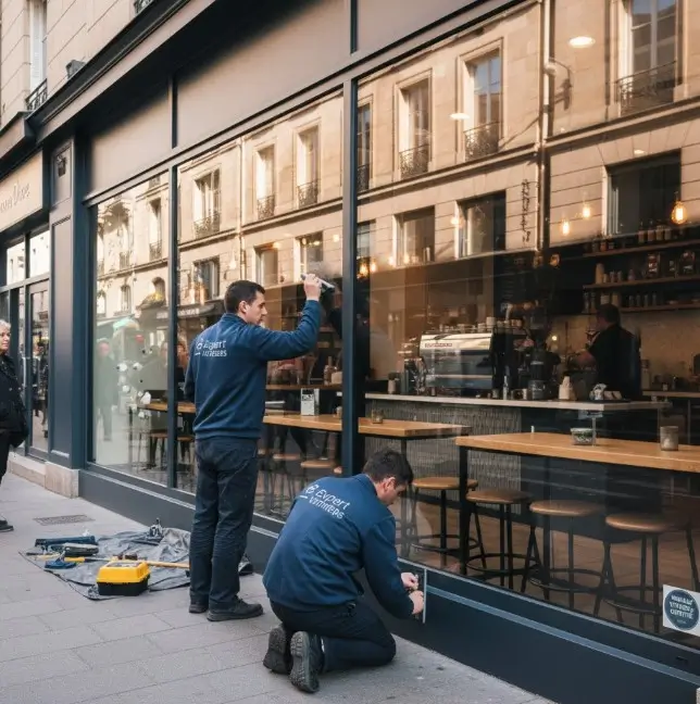 Deux vitriers en train de finaliser la pose d'une vitrine dans la rue