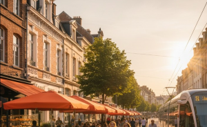 centre ville de la madeleine avec les terrasses et le tram qui passe à droite un jour d'été