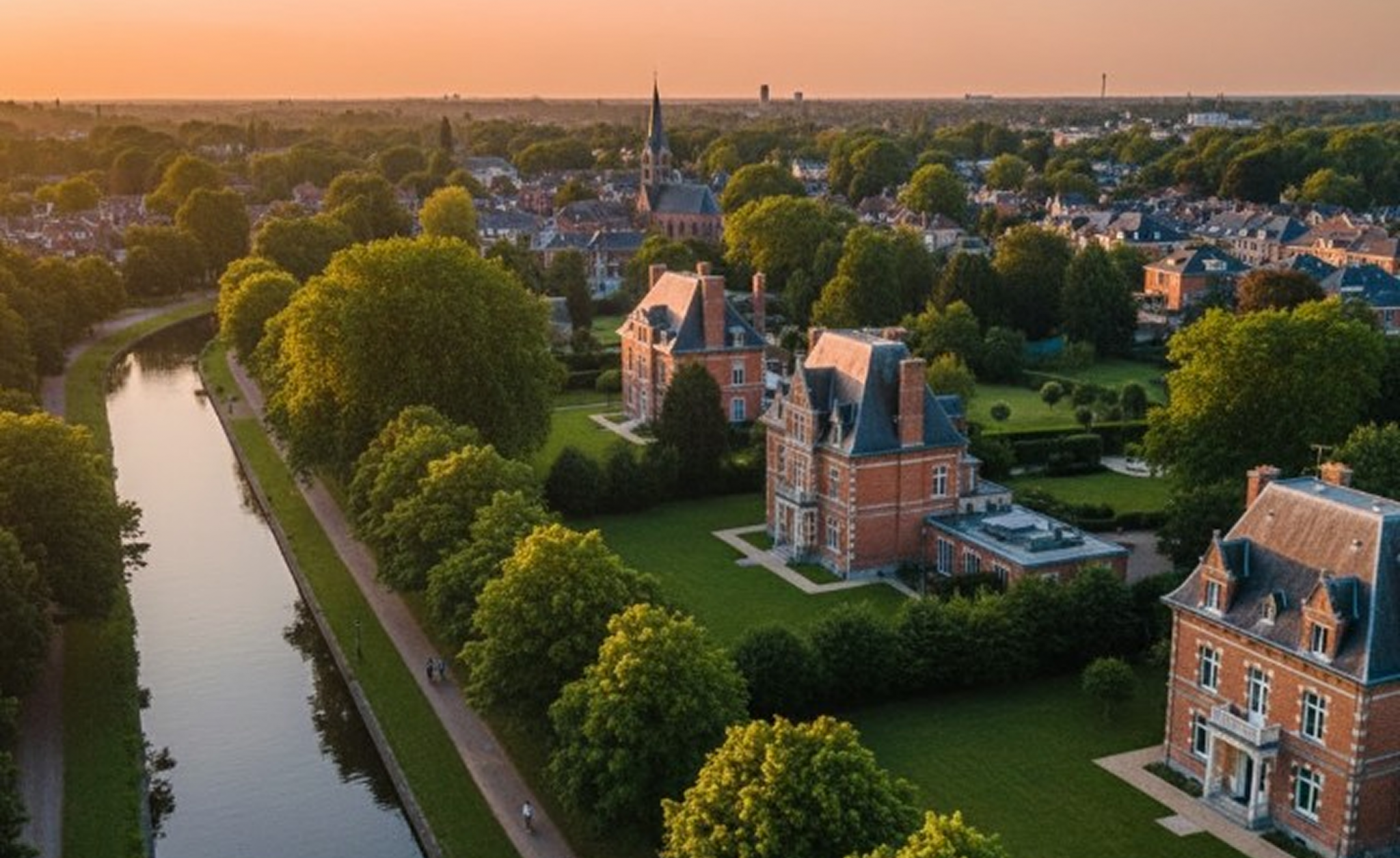 vue aérienne des maisons de lambersart à côté du canal