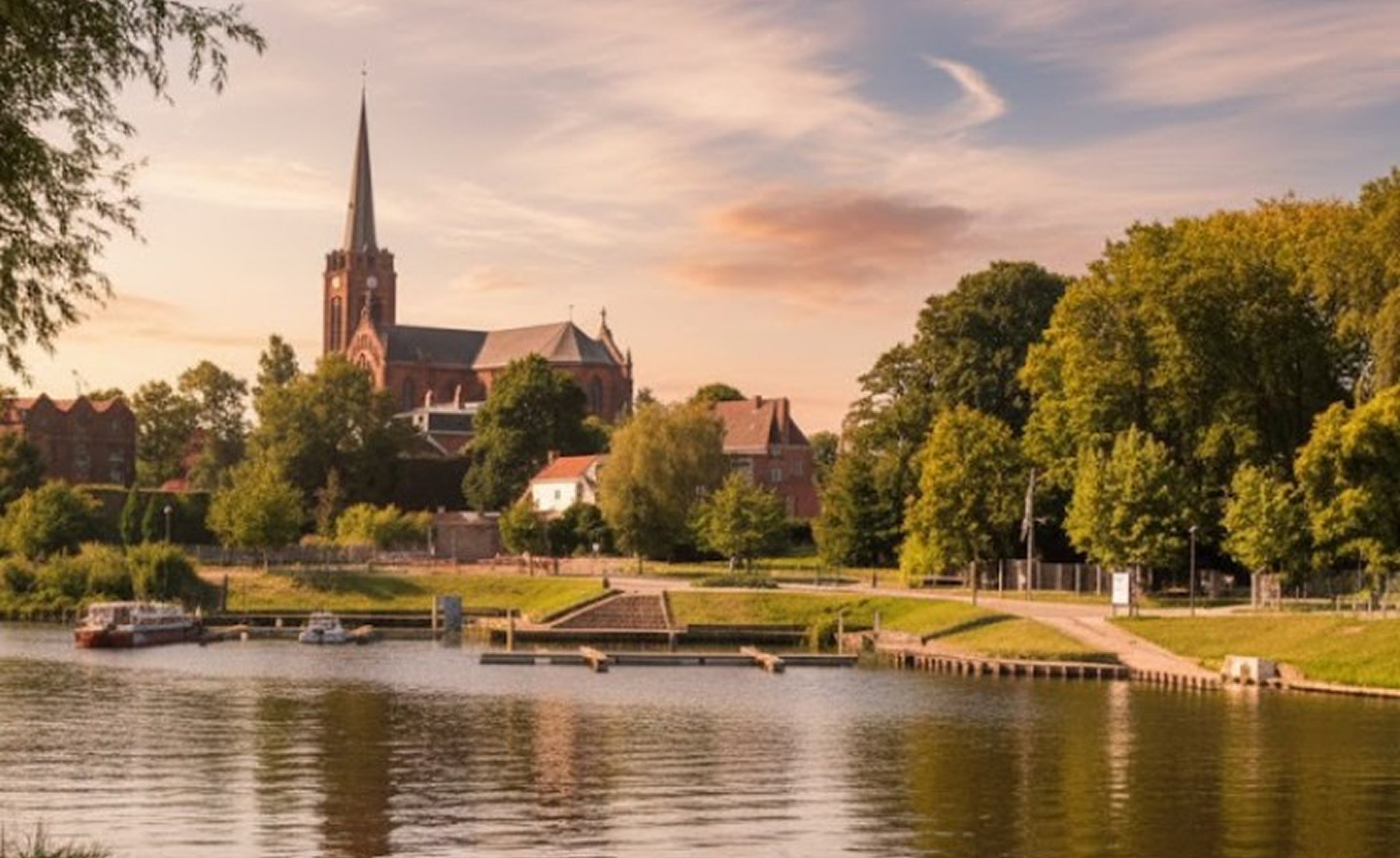 Vue sur Quesnoy-sur-Deûle avec le fleuve qui passe en premier plan de l'image