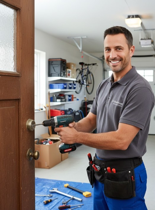 serrurier souriant qui démonte une porte pour une porte qui donne sur le garage