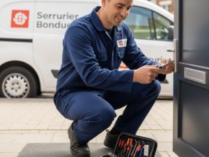 Serrurier Bondues souriant en train de changer une serrure de porte