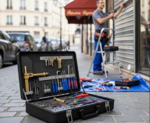 Serrurier en tain de réparer un rideau de fer en plain faches-thumesnil