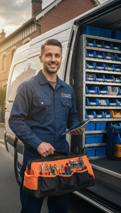 serrurier qui arrive en sortant de sa camionette