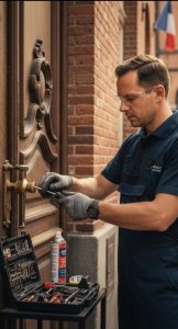 Serrurier en train de changer une serrure d'une porte d'entrée en plein rue