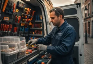 Serrurier en train de rancher ses outils dans sa camionette en plein rue