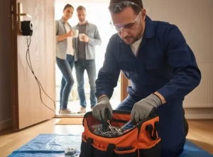 serrurier loos qui cherche un outil dans sa caisse à outils pour une serrure d'une porte d'entrée d'un appartement