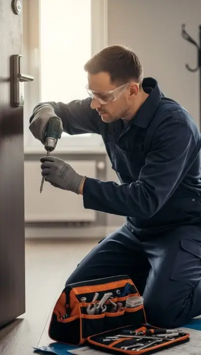 Serrurier loos qui travaille sur la serrure d'une porte