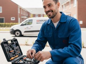 serrurier souriant en train de chercher des outils