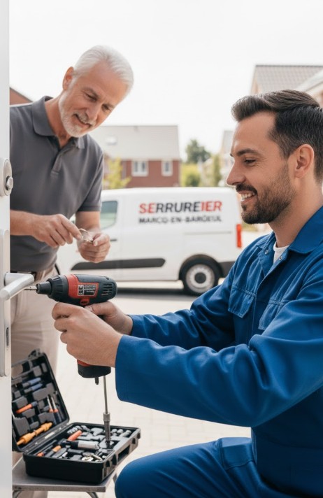 serrurier souriant en train de changer une serrure sur une porte fenêtre