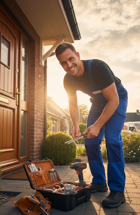 serrurier mouvaux qui prépare ses outils à côté d'une porte pour changer la serrure avec un beau soleil