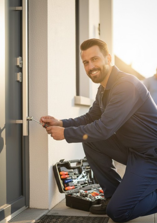 un serrurier qui termine de réparer un serrure