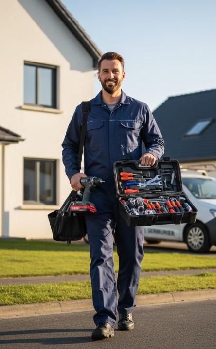 serrurier Villeneuve d'ascq avec sa boîte à outils qui se dirige vers une maison en souriant