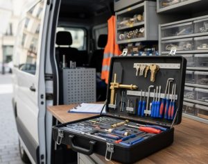 caisse à outils d'un serrurier dans une camionette